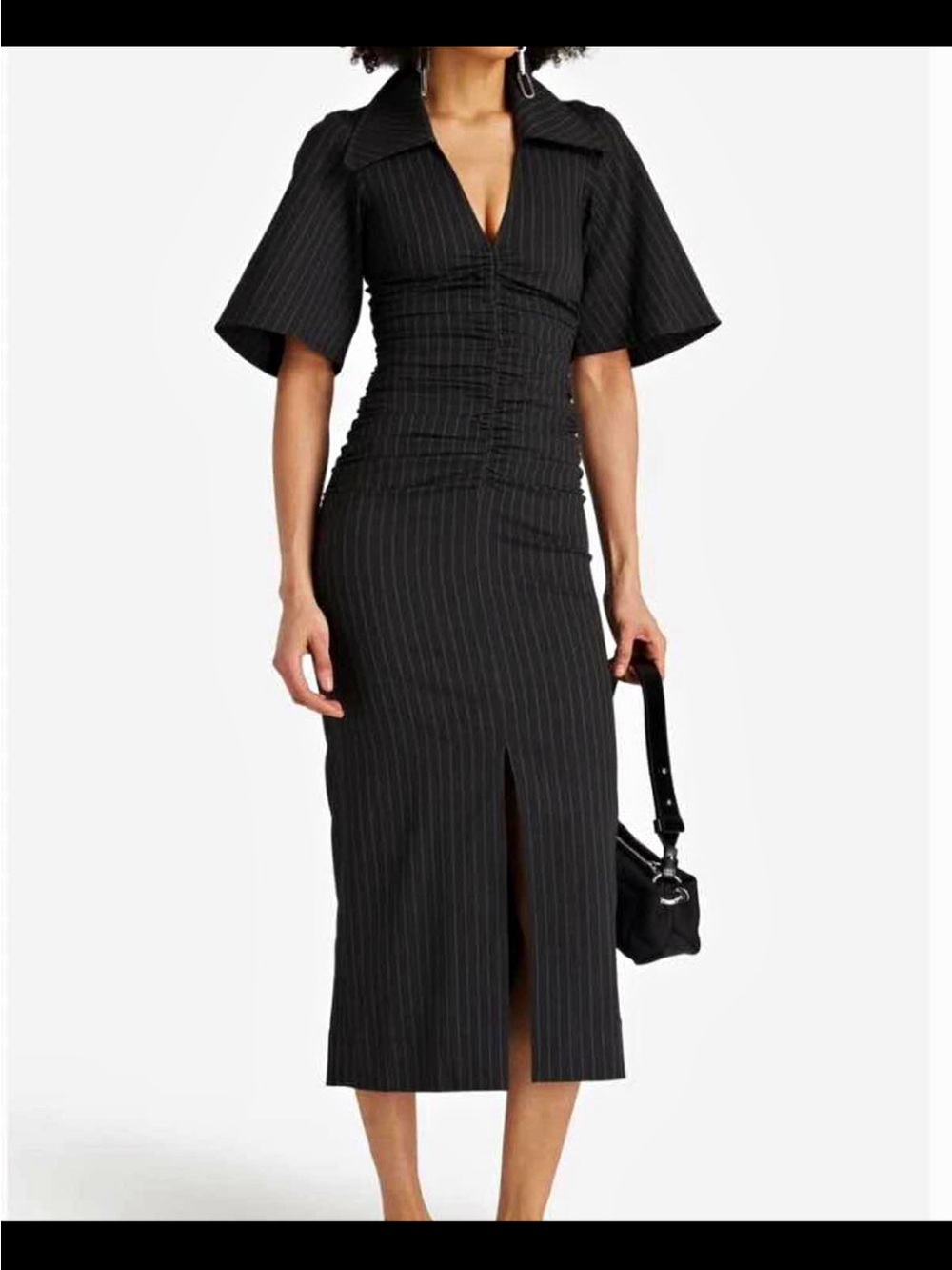 Ganni Black Pinstripe Ruched Midi Dress with Front Slit